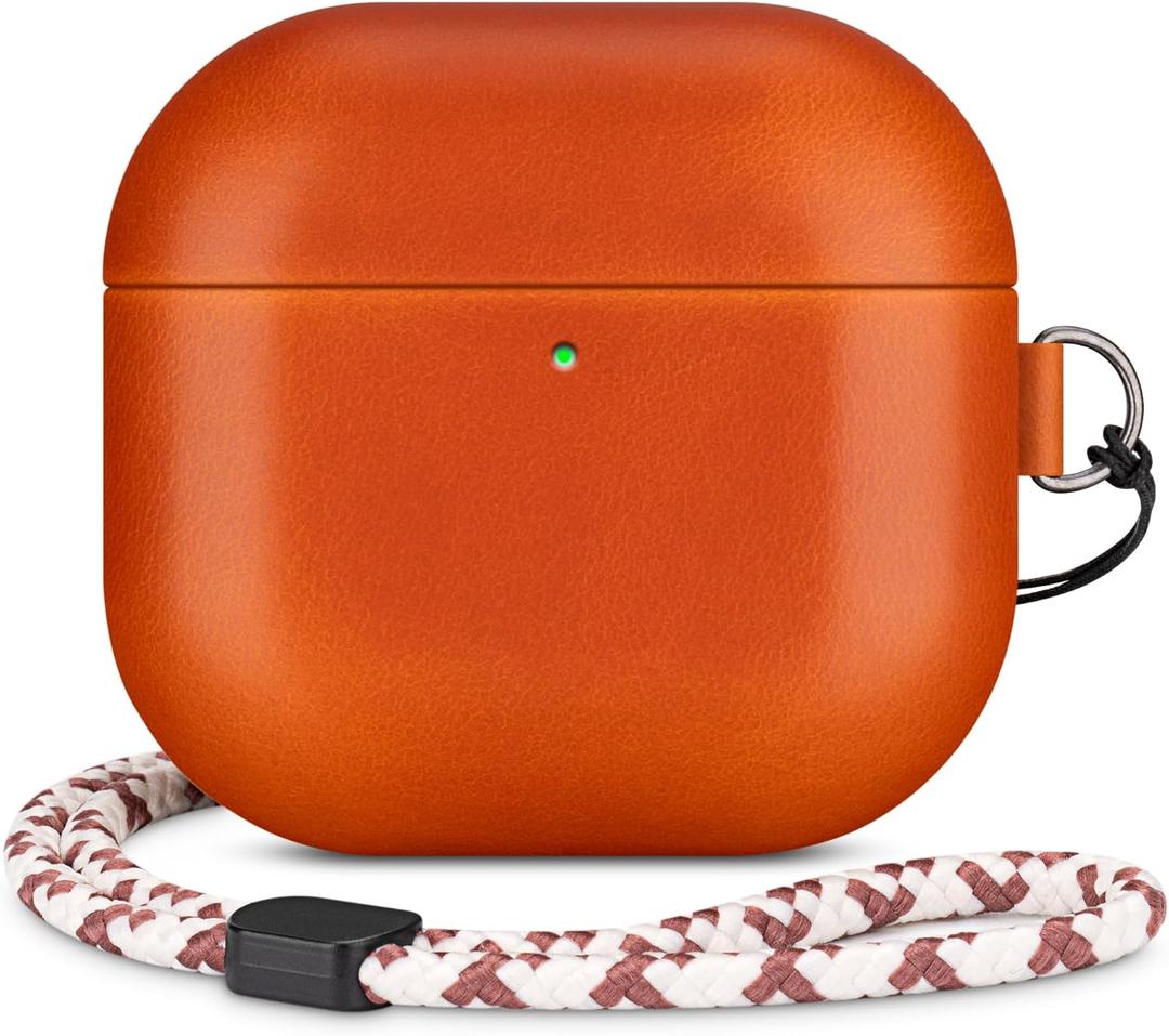 Leather Case Compatible with AirPods 4, D Clip Design with Hand Lanyard, Genuine Crystal Oil Waxy Leather Case for AirPods 4th Generation(2024),Handcrafted, Elegant Style, Orange
