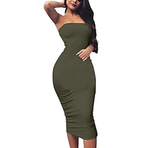 BORIFLORS Women's Basic Sleeveless Tube Top Sexy Strapless Bodycon Midi Club Dress (Large)