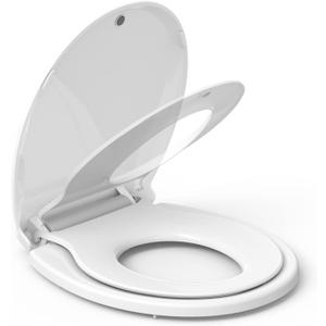 17" White Round Toilet Seat for Adult and Child, Built-In Potty Training Seat with Soft Quiet Close Non-Slip Design, Magnetic Kids Seat and Cover for Round/Oval Toilets, Easy to Install and Clean