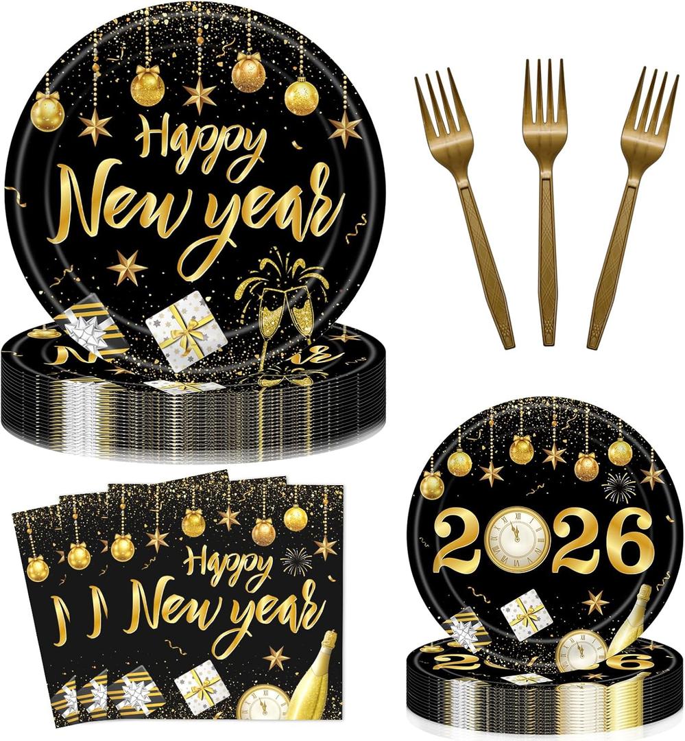 96 Pieces Happy New Year Plates and Napkins Tableware Set, Black and Gold New Years EVE Disposable Dinnerware with Paper Plates, Napkins, Forks for 2026 New Year's Eve Party Supplies- Serves 24