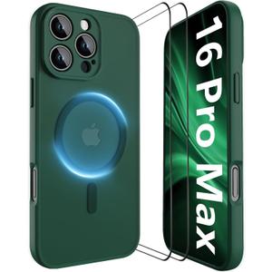 YFEMLAZ Magnetic for iPhone 16 Pro Max Case,with Screen Protectors X2,Full Camera Protection,Compatible with MagSafe,Translucent Matte,Anti-FingerprintShockproof Protective Phone Case,6.9",Green
