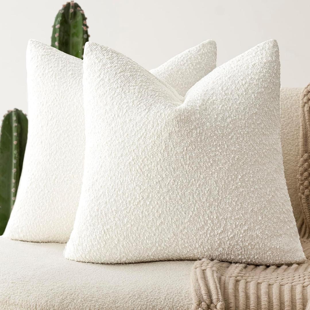 Foindtower Pack of 2, 20 x 20 Inch, Decorative Textured Boucle Throw Pillow Covers Accent Solid Pillow Cases Cozy Soft Couch Cushion Case for Chair Sofa Bedroom Living Room Home Decor, Cream White