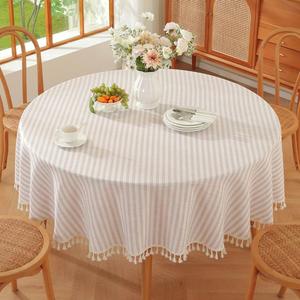 TruDelve Small Round Table Cloth 60 Inch Beige Striped Cloth Tablecloth Boho Fall Round Tablecloths for Outdoor Table Cover (Beige,60",Round)