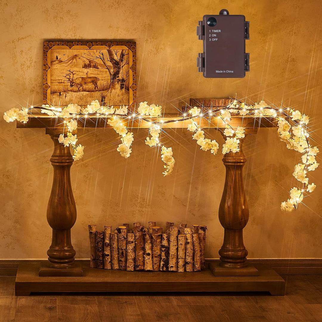 Fudios Lighted White Cherry Blossom Garland Decor with Timer 96 LED Fairy Lights 6FT for Mantle,Artificial Flower Vine with Lights Battery Operated Valentines Wedding Party Indoor Outdoor