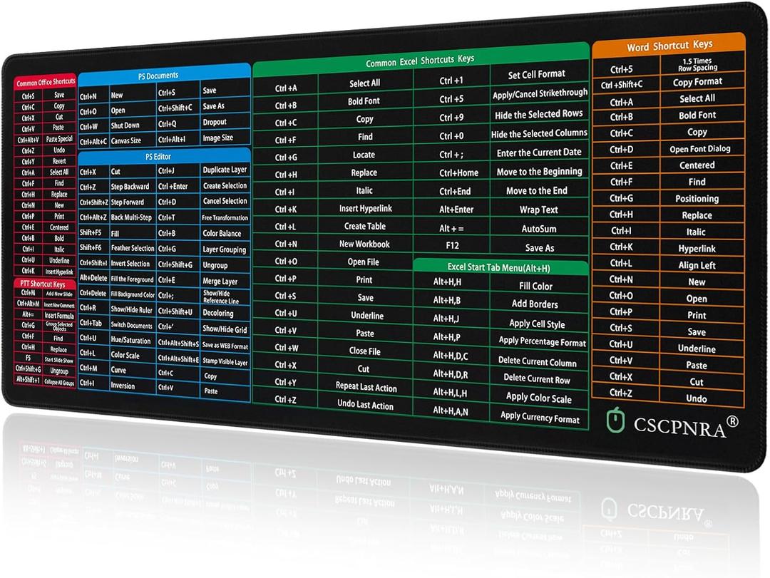 Excel Cheat Sheet Desk Pad - Large Office Mouse Pad (27.5 * 11.8 * 0.12 in), PS/Word/PPT/Excel Cheat Sheet Desk Mat, PC Office Spreadsheet Keyboard Mat, Employee Appreciation Gift