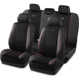 Skechers Air-Cooled Memory Foam Seat Covers,Mesh Thick Car Seat Covers,Piping Leather Car Seat Cover Full Set,Airbag Compatible,Automotive Comfort Universal Fit Most Cars,Vans,Trucks,SUV,Red