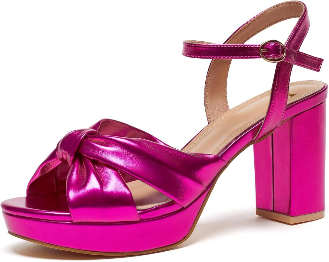 Women's Chunky Platform Heels with Adjustable Ankle Strap - Open Toe Bowknot Block Heel Strappy Sandals, Wedding Party Dressy Shoes Summer Sandals (6, Rose Red Pu)
