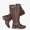 Chicblooms Women's Extra Wide Calf Knee High Riding Boots Retro Double Buckle Chic Style Fall Boots, Brown PU, 7M US