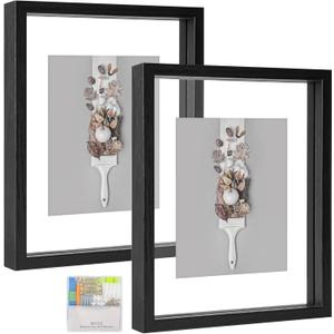 MUYE 8x10 Floating Frames Set of 2,Double Glass Picture Frame Display Any Size Photo up to 8x10,Wall Mount or Tabletop Standing,Black