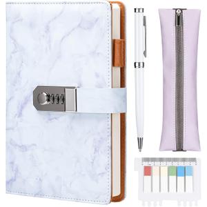 Nicpro Marble Diary with Lock for Girls and Women, Lockable A5 Secret Journal Set 300 Pages for Teen Girls, Refillable Notebook with Pen, Pencil Pouch, Index Stickers
