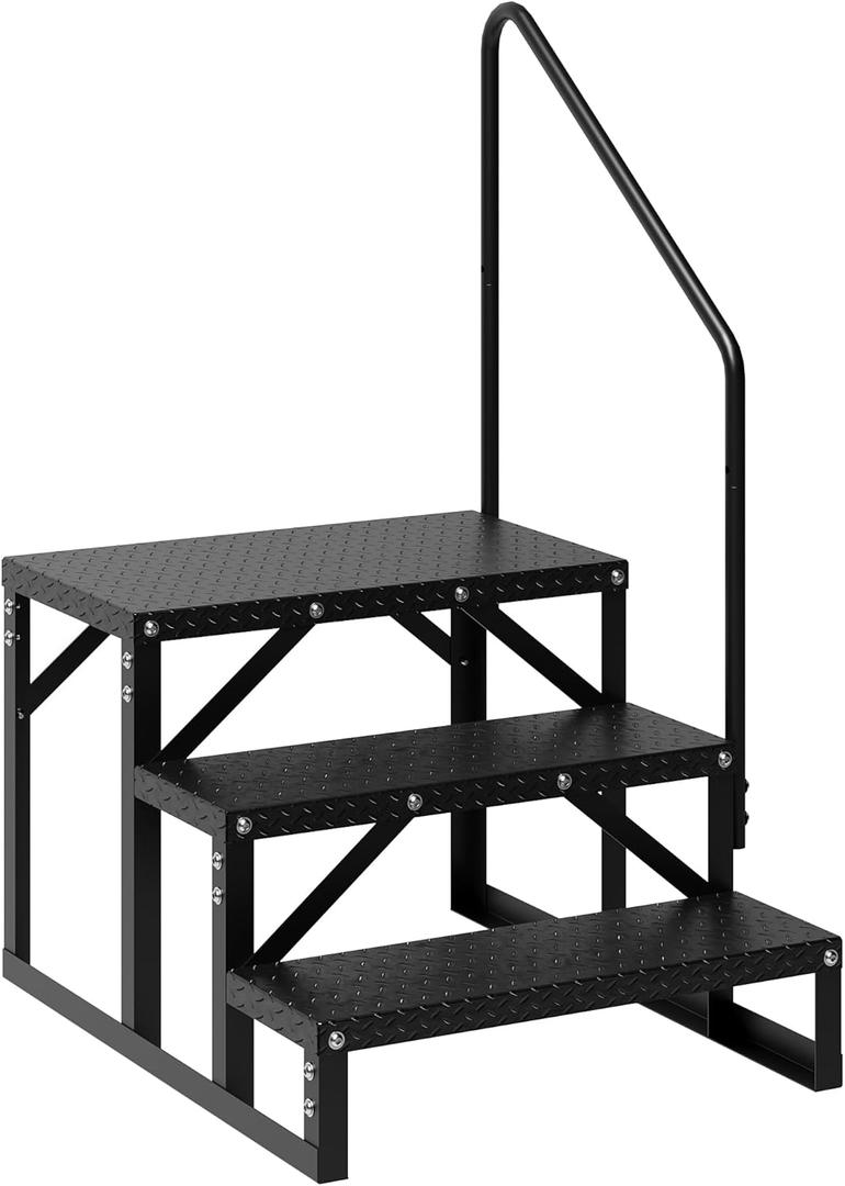 RV Steps with Handrail, 3-Step Anti-Slip Portable Step Ladder, 660 lbs Capacity, Dual-Side Setup, Heavy Duty RV Stair for Mobile Home, Camper, Trailer, Porch, Hot Tub, Spa, Pets, Single Handrail