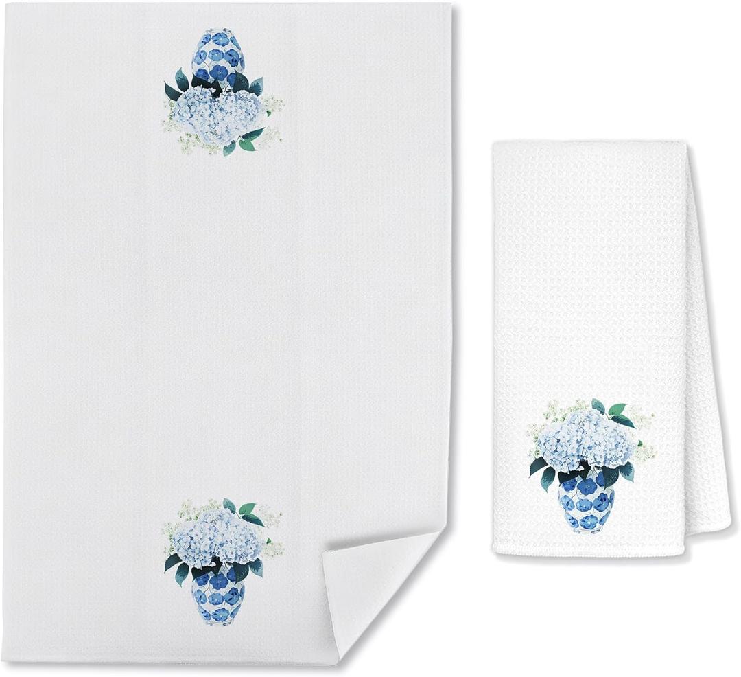 Blue Hydrangea Printed Towel 16x24 Inch - Decorative Hand & Dish Towel with Porcelain Vase Pattern, Kitchen Bath Decor, Housewarming Gift