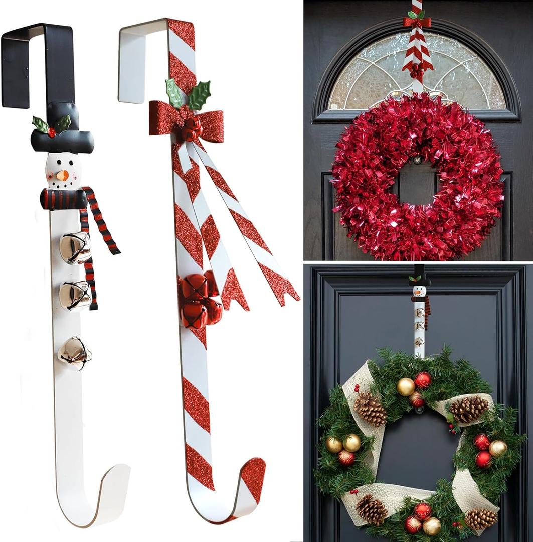 2 Pack Candy Cane Snowman Wreath Hangers for Front Door,Christmas Decoration Metal Over The Door Single Wreath Hook Ornament Door Wreath Hanger,Door Hanger for Wreath Front Door