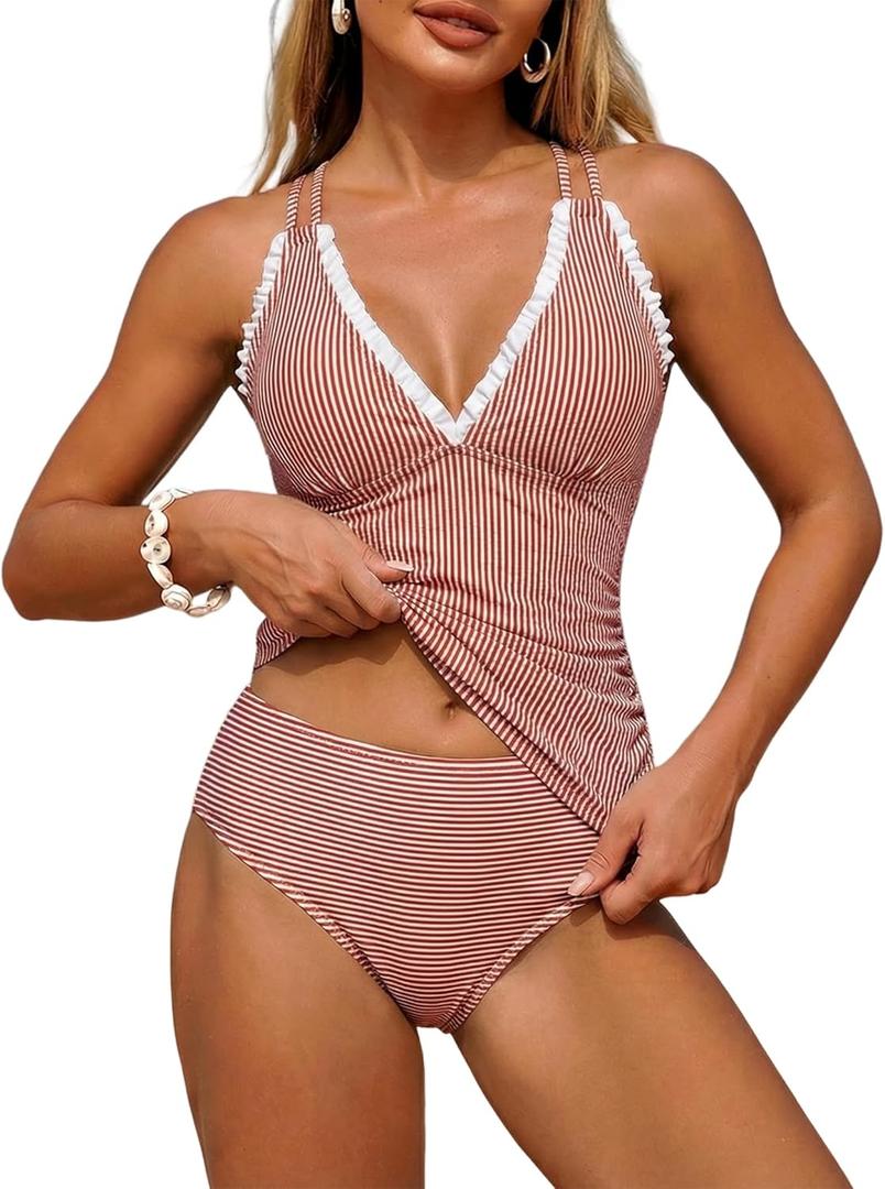 ZAFUL Womens Tankini Swimsuits Smocked 2 Piece Bathing Suits Modest Tie Back Swimwear, Medium