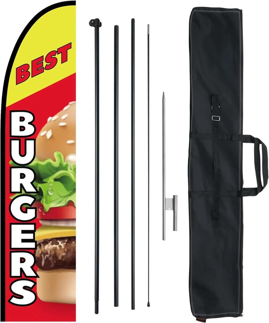 VEVOR Burgers Feather Flag with Pole Kit, 16.3 Feet Advertising Flags for Business Outside with Fiberglass Pole Ground Stake, Restaurant Swooper Flag Banner Pole Kit, Best Burgers Feather Flag