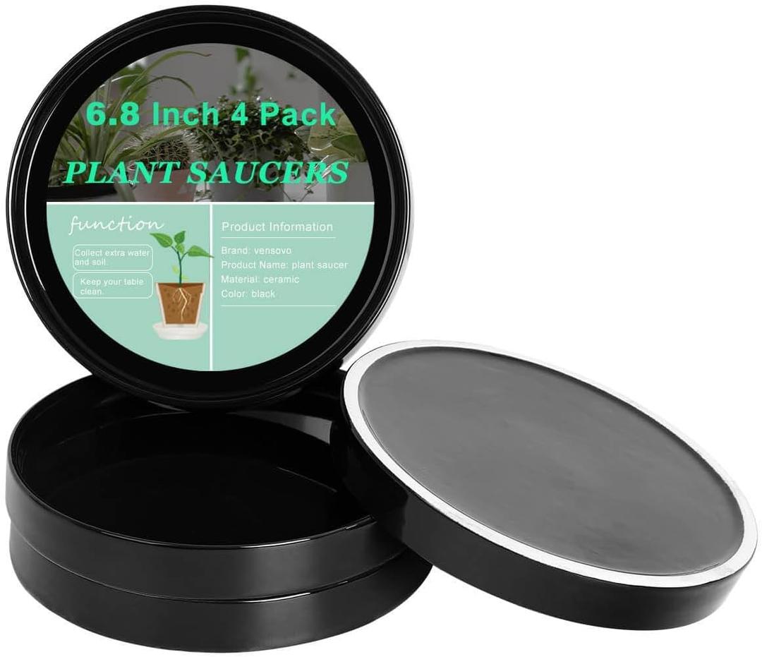 vensovo 7 Inch Black Ceramic Plant Saucer Pots Tray -4 Pcs Round Planter Saucers for Indoor & Outdoor Plants, Large Trays Perfect for 5 Inch 6Inch Flower Pot