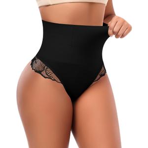 Tummy Control Thong Shapewear for Women Mid High Waisted Body Shaper Lace Shaping Thong Girdle Panty, Small 