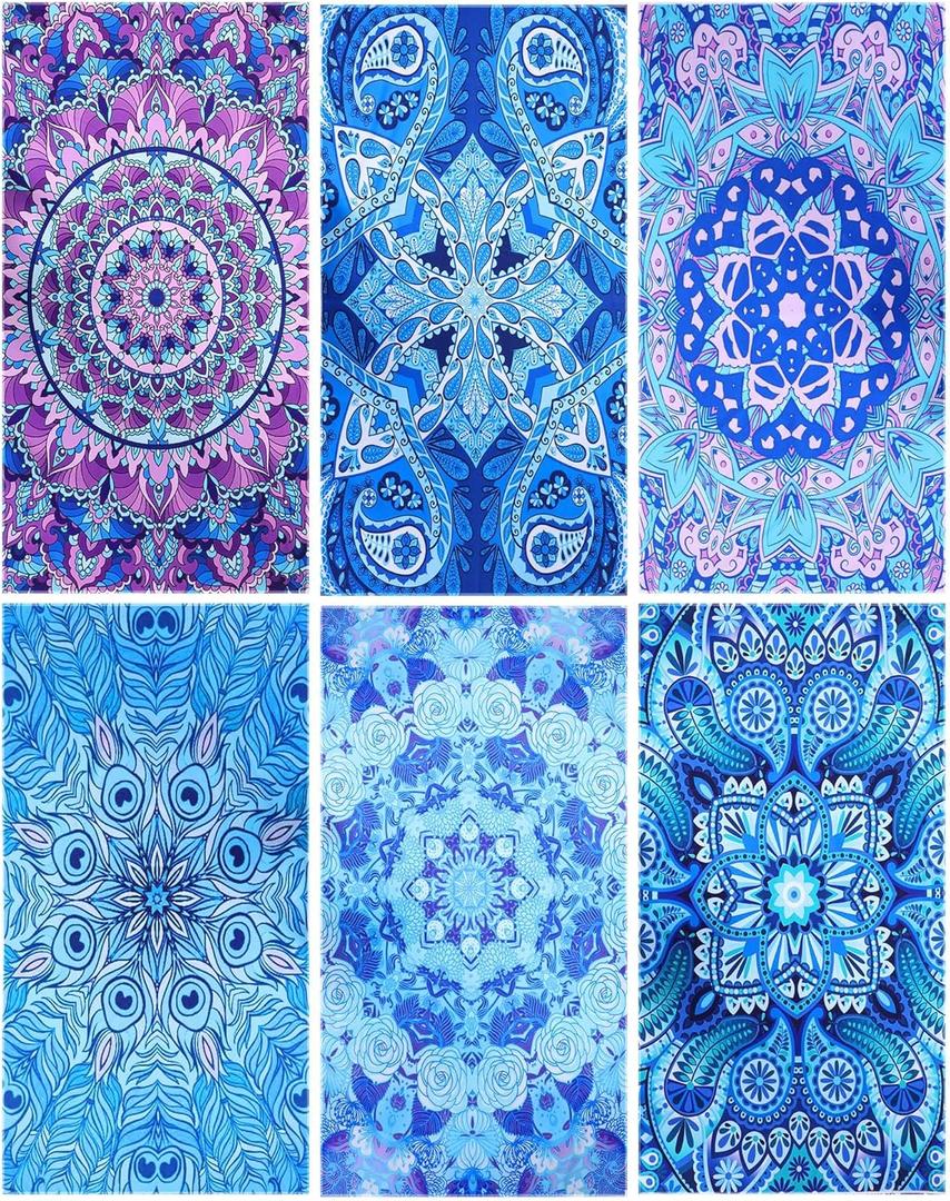 6 Pcs 72 x 36 Microfiber Oversized Beach Towels Large Absorbent Thin Compact Lightweight Sand Free Quick Dry Towels Pack for Travel Pool Yoga Gym Sports Beach Accessories (Mandala)