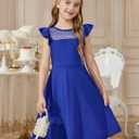 Flypigs Girls Dresses Summer Formal Party Wedding Ruffle Sleeve Mesh Knee Length A Line Dress with Pockets (Blue), Size 14-16
