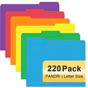 File Folder, PANDRI 220 Pack Colored File Folder, 1/3 Cut Tabs, Letter Size, Assorted 6 Colors Filing Folder for Office School Business