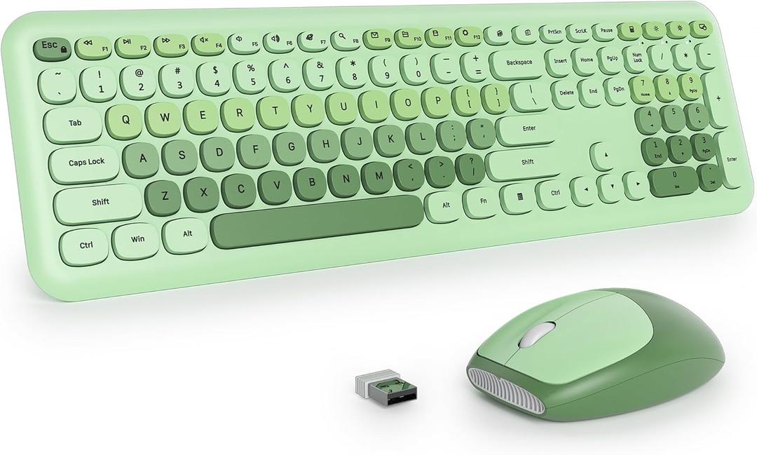 Fogruaden Quiet Green Wireless Keyboard and Mouse, 2.4GHz Retro Cute Typewriter-Style Full-Size Colorful Keyboard and Mouse Combo, Slim Design, Low-Noise Typing for Home, Office, Windows PC, Laptop