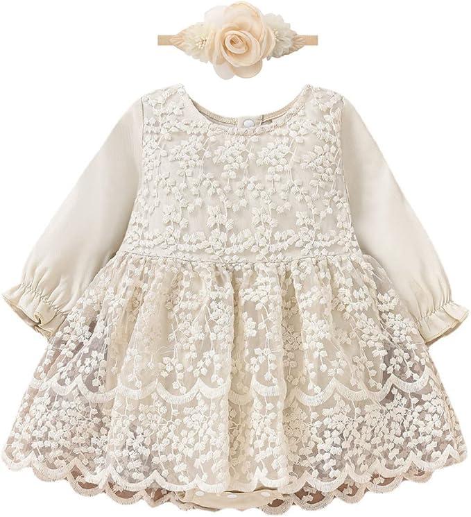 Newborn Infant Baby Girl Fall Winter Romper Dress White Beige Boho Lace Floral Clothes Toddler Long Sleeve Bodysuit