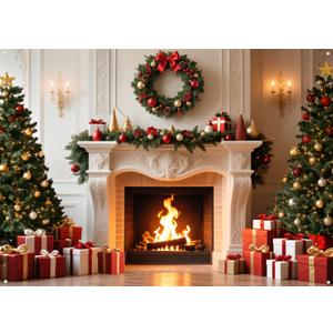 LYWYGG 94.4x70.8inch Christmas Fireplace Backdrop Christmas Backdrop for Photography Xmas Tree Party Background cp-706