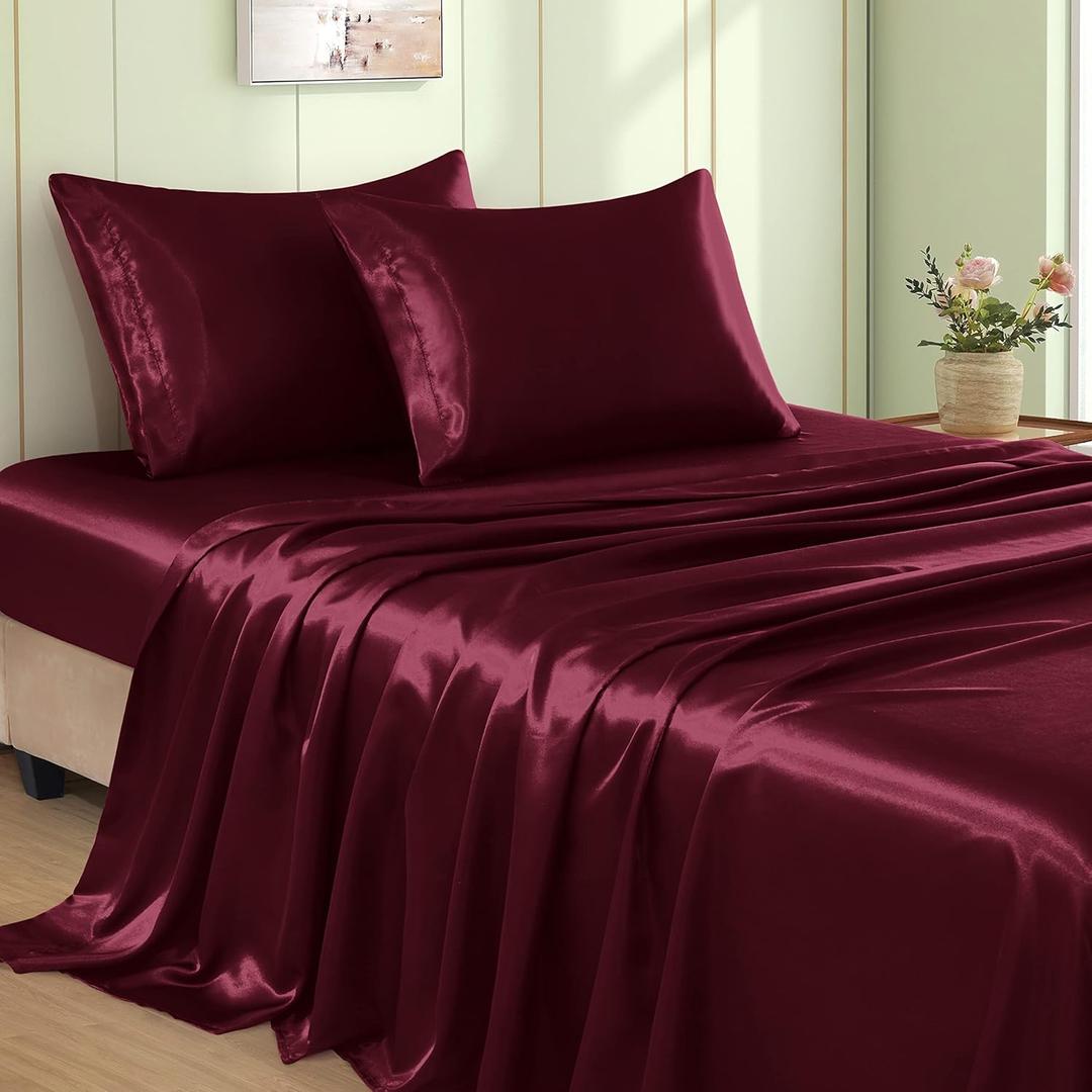 VACVELT 4pcs Burgundy Satin Sheets Full Size Bed Set, 15 Inch Deep Pocket Silky Satin Sheet Set, Soft Satin Bedding Set Cooling & Luxury Bed Sheets, 1 Fitted Sheet + 1 Flat Sheet + 2 Pillowcases