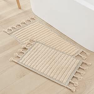 Lucky Brand Boho Rug 100% Cotton Fringe Boho Bathroom Rugs 17” x 24" + 20" X 32" Boho Bath Mat, Sadie Light Gray