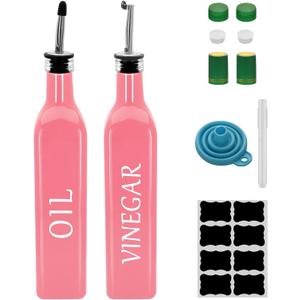 Olive Oil Dispenser Bottle,2 Pcs 17oz 500ml Glass O il and Vinegar Dispenser Set with 2 Stainless Steel Pourers, 8 Labels,Funnel Vinegar Bottles for Kitchen (Pink)