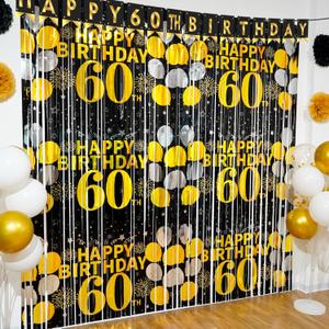 60th Birthday Decorations for Men Women, 2 Pack Black Gold Happy 60th Birthday Foil Fringe Curtains 3.3 x 6.6ft Cheers to 60 Years Old Tinsel Streamers Photo Booth Props Backdrop Party Supplies
