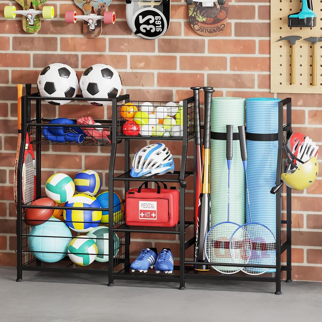 Sonyabecca Garage Sports Equipment Organizer 2 Golf Bag Stand Golf Storage Organizer for Garage with Basket and Hooks, Storage Rack for 2 Golf Bag, Golf Gift for Men, Gifts for Father
