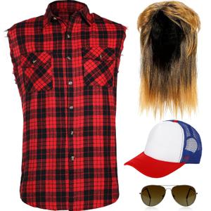SATINIOR 80s Costume for Men Blonde Mullet Wig Men Flannel Plaid Sleeveless Plus Size Vest Metal Frame Blonde Sunglasses Hat(Red,Large Shirt)