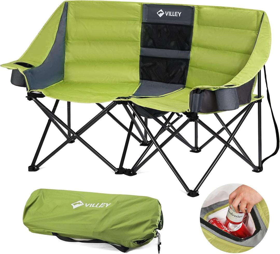 VILLEY Double Camping Chair w/Cooler Bag, Extra Wide Loveseat, Heavy Duty Padded Camping Couch, Portable Folding Chair w/Carry Bag Steel Frame Cup Holders for Camp Lawn Picnic Sports, Support 600LBS, 54"w X 25-1/2"d X 39"h