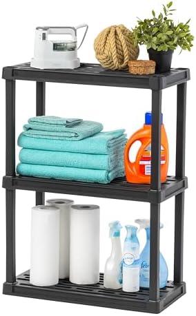 IRIS USA 3-Shelf Light Duty Plastic Storage Shelves, 150lb Capacity, 33"H x 24"W x 12"D, Medium Modular Shelving Unit Storage Organizer for Garage, Home, Bathroom & Laundry, Storage Rack - Black