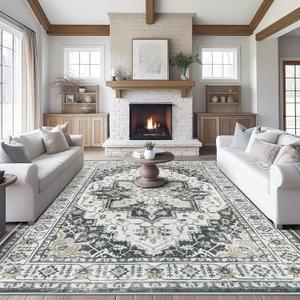 Madane Washable Rug 8x10 Area Rugs for Living Room, Ultra-Thin Non-Slip Backing Rug, Stain Resistant Vintage Large Area Rug for Bedroom (Black, 8'x10')