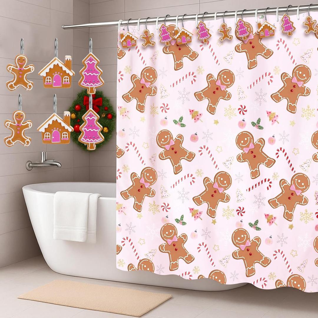 Geelin 13 Pcs Christmas Pink Gingerbread Shower Curtain Set for Bathroom Decor 72"w x 72"h Pink Cute Ginger Bread Candy Cane Shower Curtain with 12 Gingerbread Hooks for Christmas Bathroom Decoration