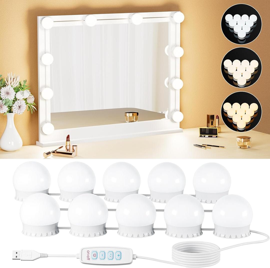 10 Bulbs LED Vanity Lights for Mirror, 3000K 4000K 6500K & 10-Brightness, Wire Length Adjustable, USB Cable, Hollywood Mirror Lights for Makeup Dressing Room Bathroom, White
