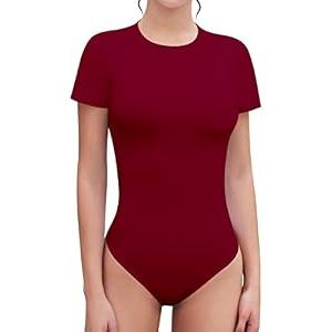 SHEIUGU Women's Crew Neck Short Sleeve Slim Fit T Shirts tops Basic Bodysuit Leotard Clothing(Short Sleeve Burgundy-X-Large)