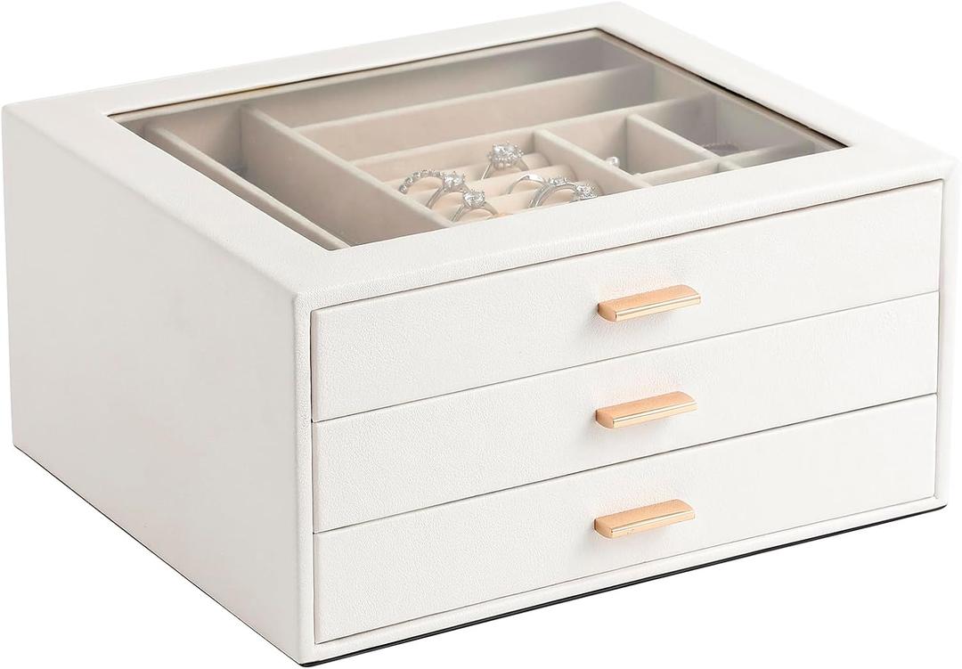 Jewelry Box with Glass Lid,3-Layer Jewelry Boxes for Women,PU Leather Jewelry Organizer with 20-Grid Earring Drawer & Movable Dividers for Necklaces Rings - Cloud White