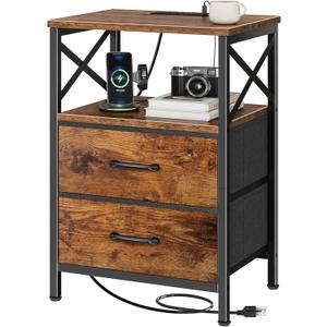 Huuger Night Stand with Charger Station, 2 Drawer Nightstand with Open Shelf, Bed Side Table with USB-C Port, End Table, Compact Size for Small Spaces, X Shaped Side Rail, Rustic Brown