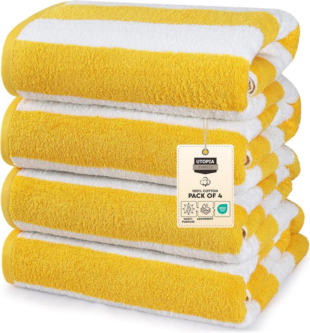  Pack of 4 Cabana Beach Towels, Oversized 30 x 60 Inches Cotton Beach Towel Set, Smooth Ring Spun Texture for Pool and Swim Days, Modern Striped Design Bath Towels, Yellow