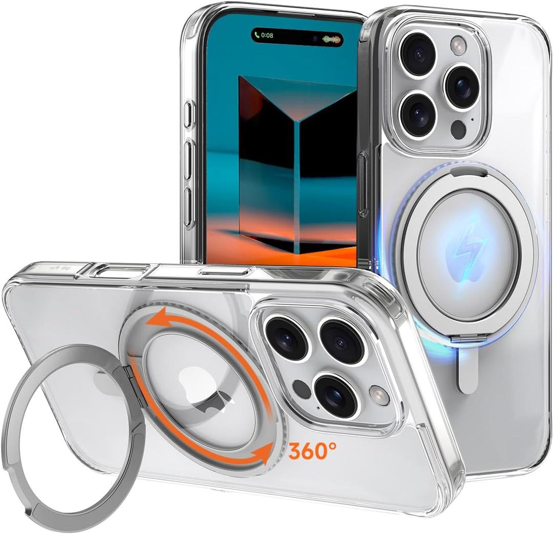 Magnetic Phone Case for iPhone 16 Pro Case,Anti-Slip and Drop-Proof Protective Cover with 360 Ring Stand,Compatible with MagSafe,Exclusively Designed for iPhone 16 Pro,Transparent, (Clear)