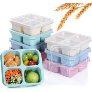 8 Pack Wheat Straw Snack Containers, 4-Compartment Reusable Bento Box with Lids - BPA-Free, Stackable Meal Prep Food Storage for Work, Travel, Home and On-the-Go