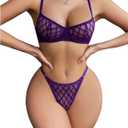 SOLY HUX Women's Sheer Mesh Sexy Lingerie See Through Underwire Bra and Panty 2 Piece Underwear Set (Plain Purple) S