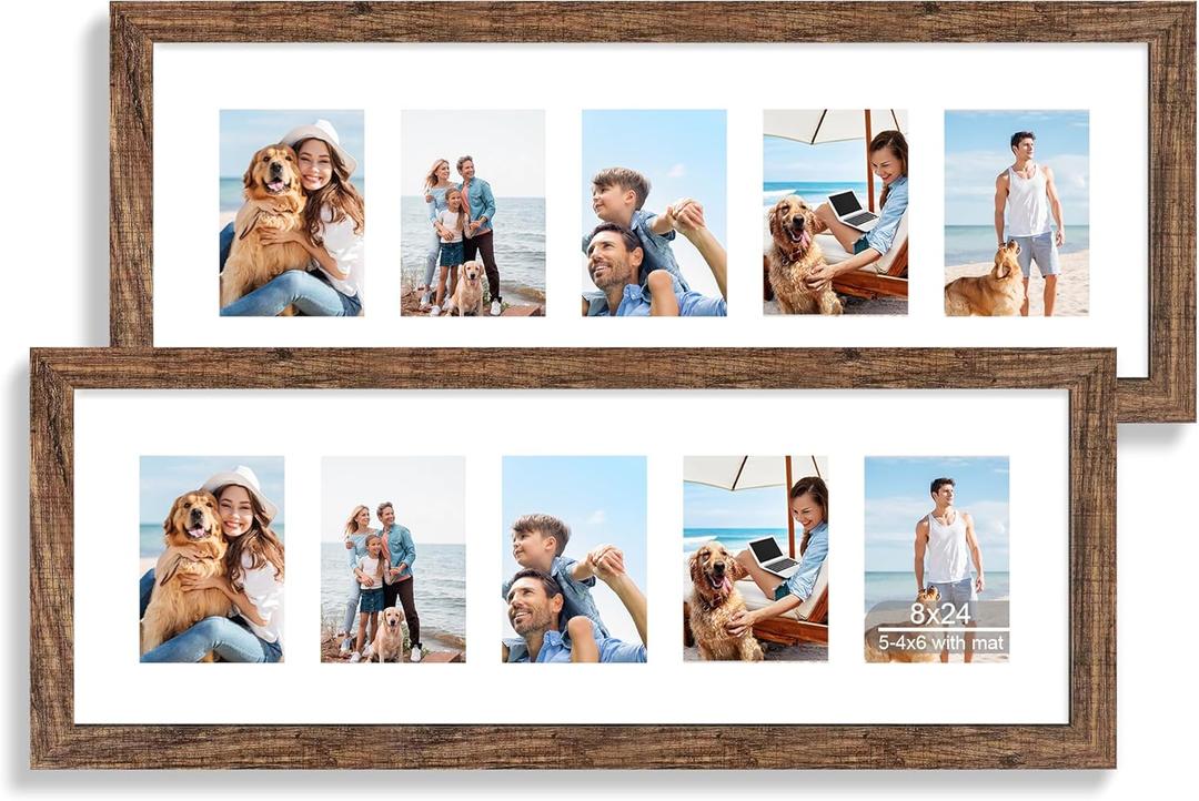 8x24 Picture Frame 2 Pack, Rustic Brown Wood Frame with Tempered Glass, Display Pictures Multiple Five 4x6 With Mat or 8 x 24 Without Mat - Horizontal or Vertical Wall Mounting