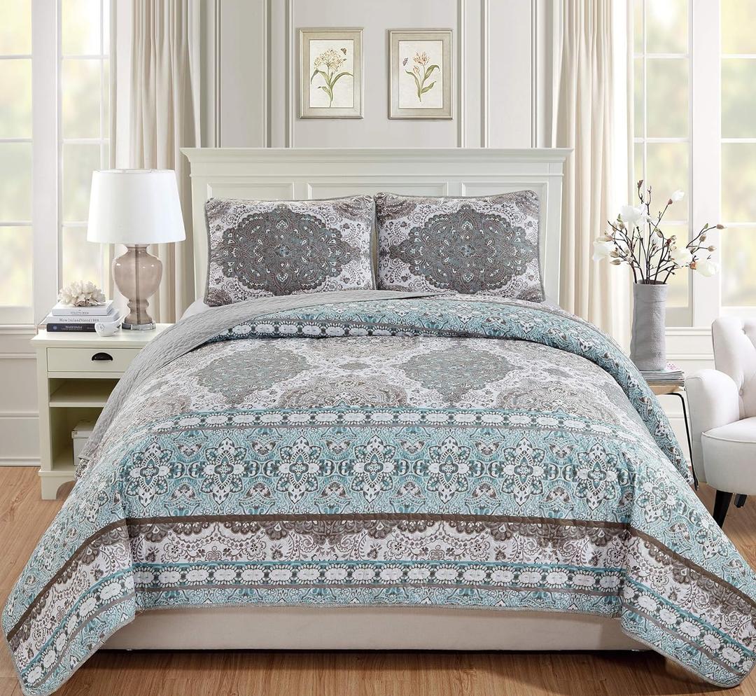 Fancy Linen 3pc Quilted Coverlet Bedspread Set New (King/California King, Brown Teal Floral)