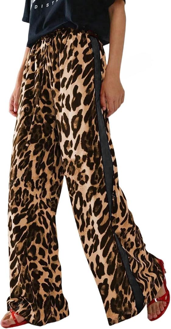 Women's Casual Pants Drawstring Leopard Print Color Block Side Striped Straight Leg Wide Leg Loose Pants (2-Yellow Black, 2XL) 