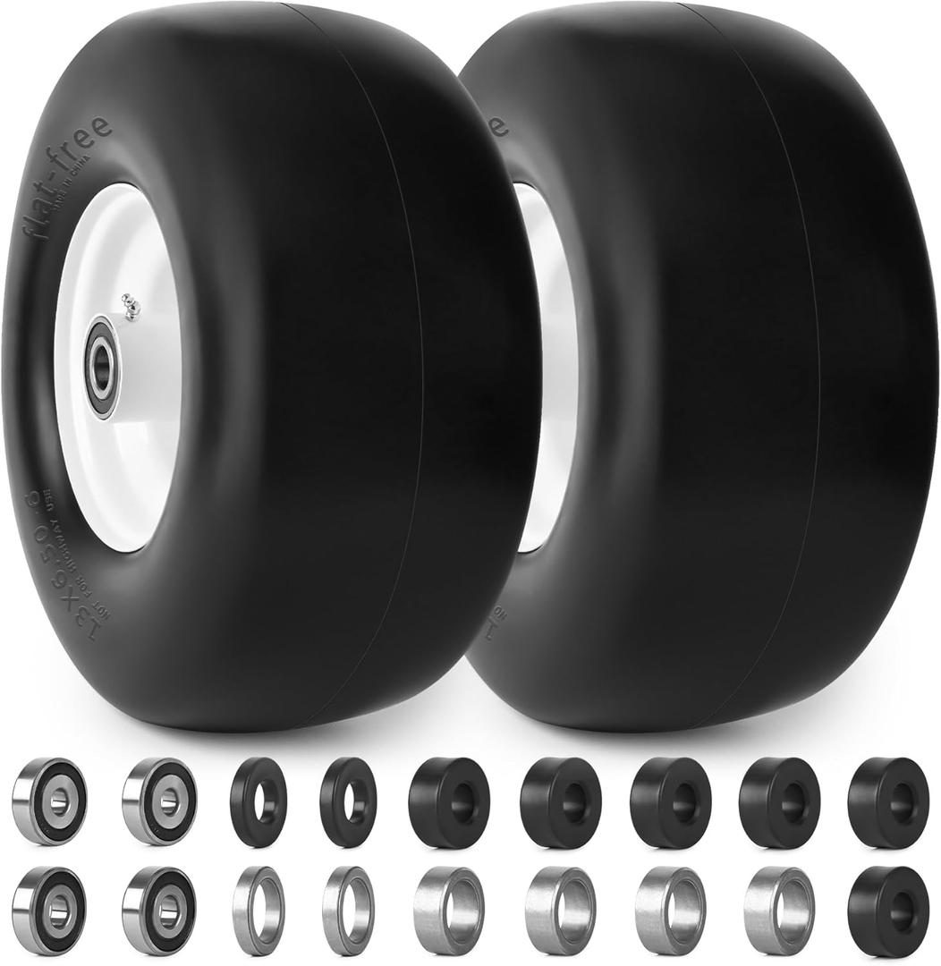 13x6.50-6 Flat Free Lawn Mower Tires and Wheels 3/4" 5/8" 1/2" Ball Bearings, 13x6.5x6 Zero Turn Mower Front Tires, Smooth Tires for Commercial Grade Lawn 5.5"-7.5" Adjustable Centered Hub (White)