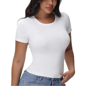 Womens T Shirts Basic Short Sleeve Crew Neck Slim Fit Tees Summer Workout Casual Bodycon Tops 2025 (White, XS)